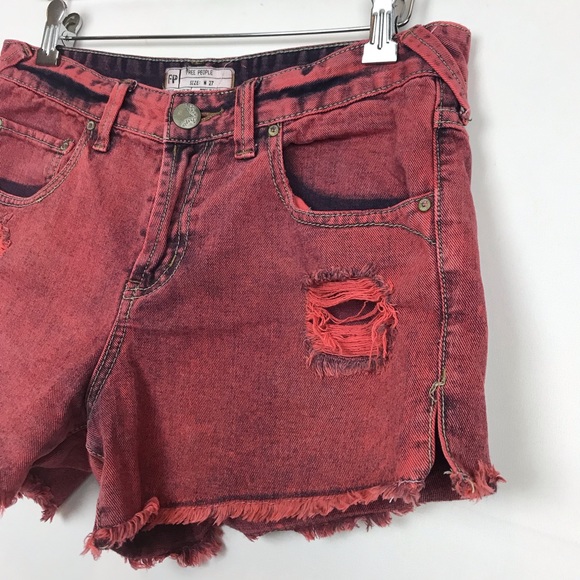 Free People Red Stonewashed Distressed Denim Short - Picture 3 of 5